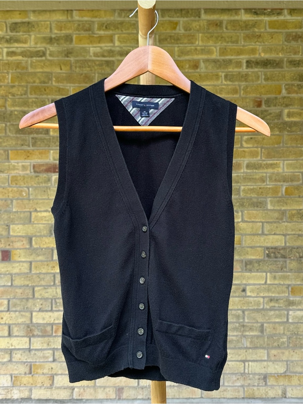 Tommy Hilfiger Cotton Cashmere Knit Sweater Vest Button Front Black Preppy XS